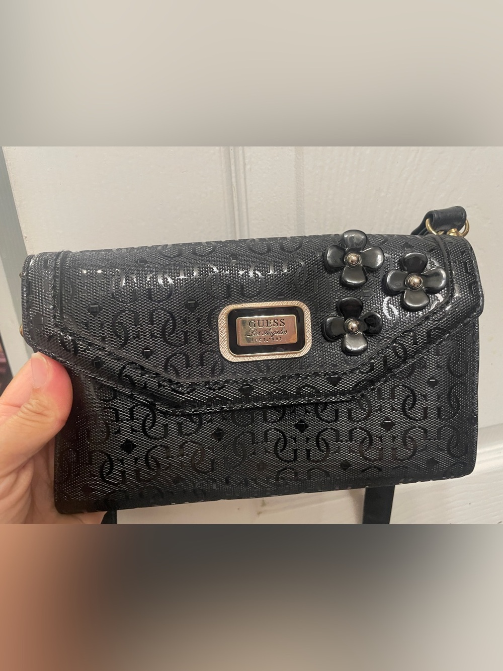 GUESS Black Floral Accent Shoulder Bag with Logo Plate